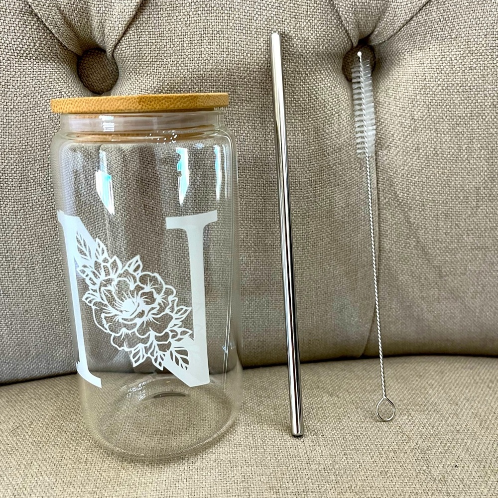 Glass Jar Cup Letter N Initial with Straw and Straw Cleaner